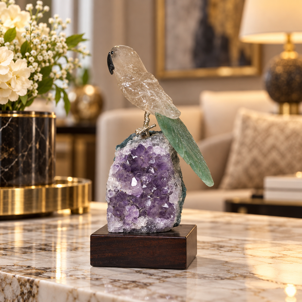 Natural Quartz & Aventurine Crystal Bird Figurine on Amethyst Cluster Base for Protection & Positivity Harmony, 5x12 cm, 0.258 kg