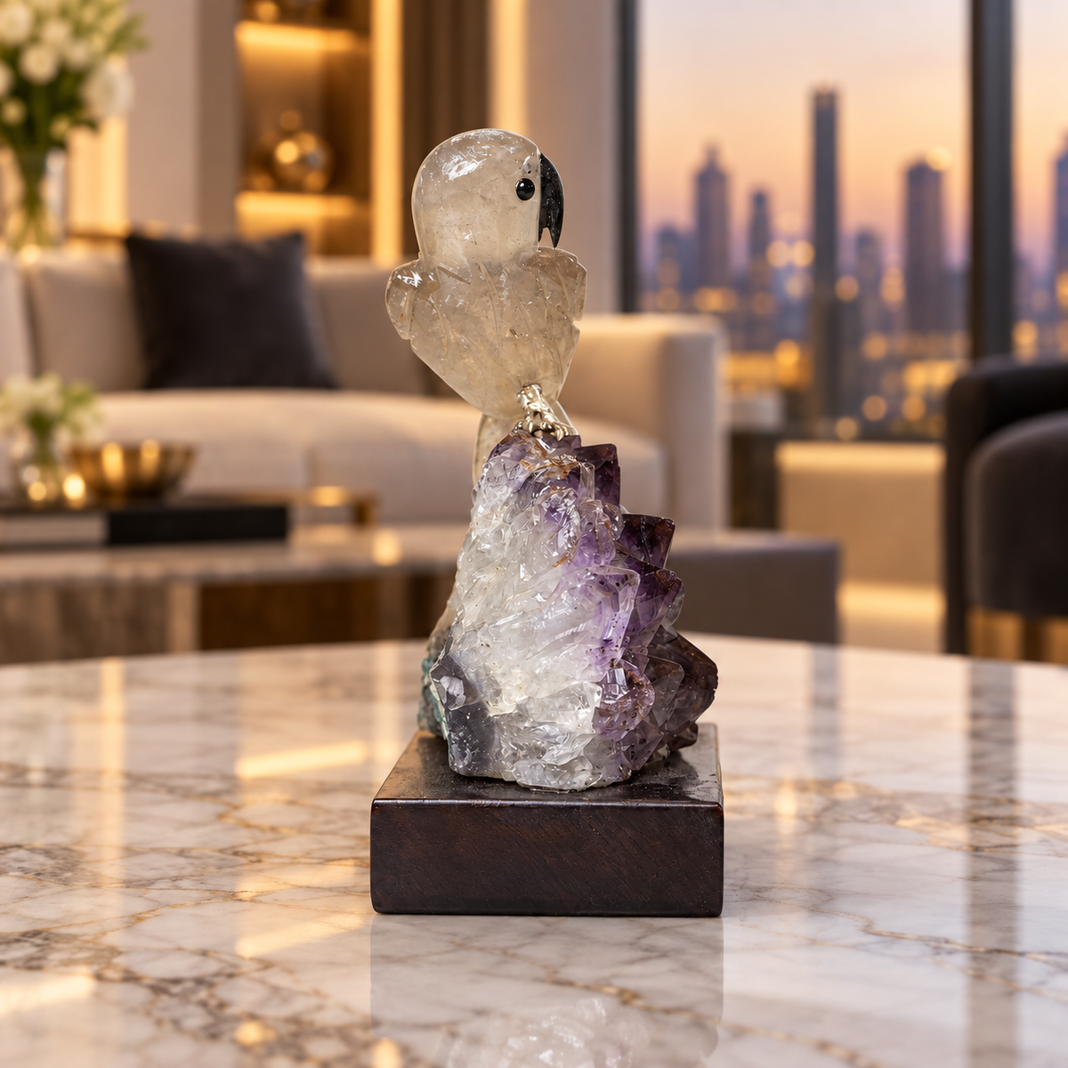 Natural Quartz & Aventurine Crystal Bird Figurine on Amethyst Cluster Base for Protection & Positivity Harmony, 7x14 cm, 0.416 kg