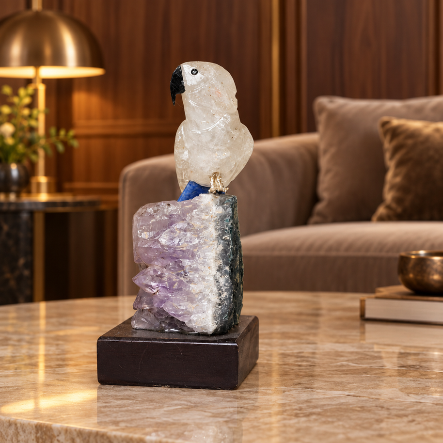 Natural Quartz & Sodalite Crystal Bird Figurine on Amethyst Cluster Base for Protection & Positivity Harmony, 6x14 cm, 0.353 kg