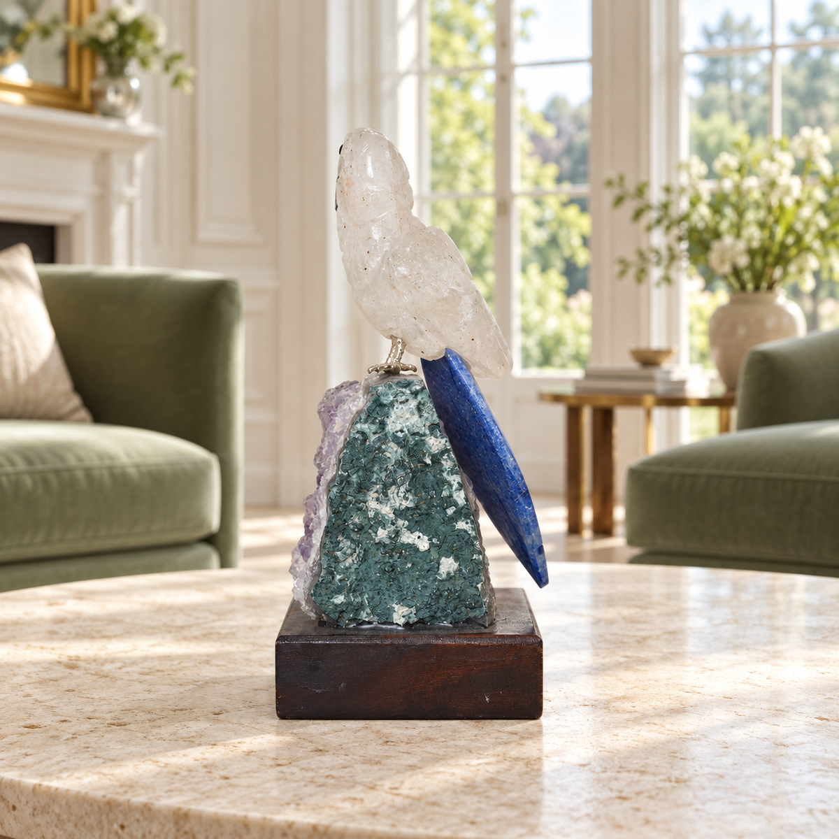 Natural Quartz & Sodalite Crystal Bird Figurine on Amethyst Cluster Base for Protection & Positivity Harmony, 6x14 cm, 0.353 kg