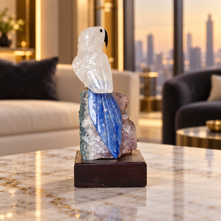 Natural Quartz & Sodalite Crystal Bird Figurine on Amethyst Cluster Base for Protection & Positivity Harmony, 6x14 cm, 0.353 kg