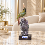 Natural Green Aventurine Crystal Bird Figurine on Amethyst Cluster Base for Protection & Positivity Harmony, 5x18 cm, 0.339 kg