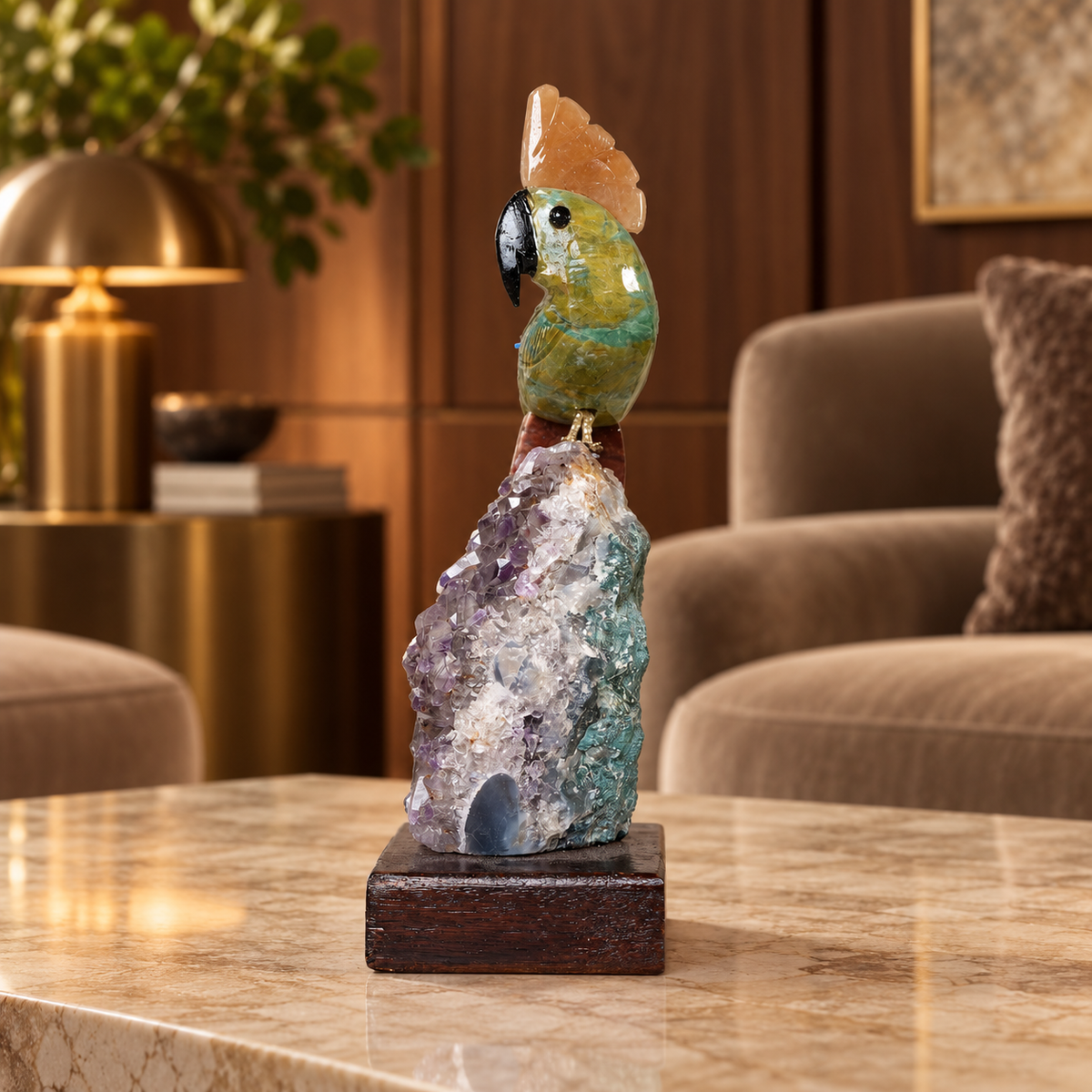 Natural Green Aventurine Crystal Bird Figurine on Amethyst Cluster Base for Protection & Positivity Harmony, 5x18 cm, 0.339 kg
