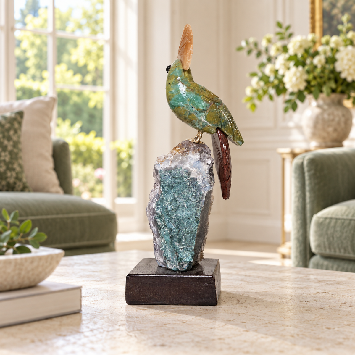 Natural Green Aventurine Crystal Bird Figurine on Amethyst Cluster Base for Protection & Positivity Harmony, 5x18 cm, 0.339 kg