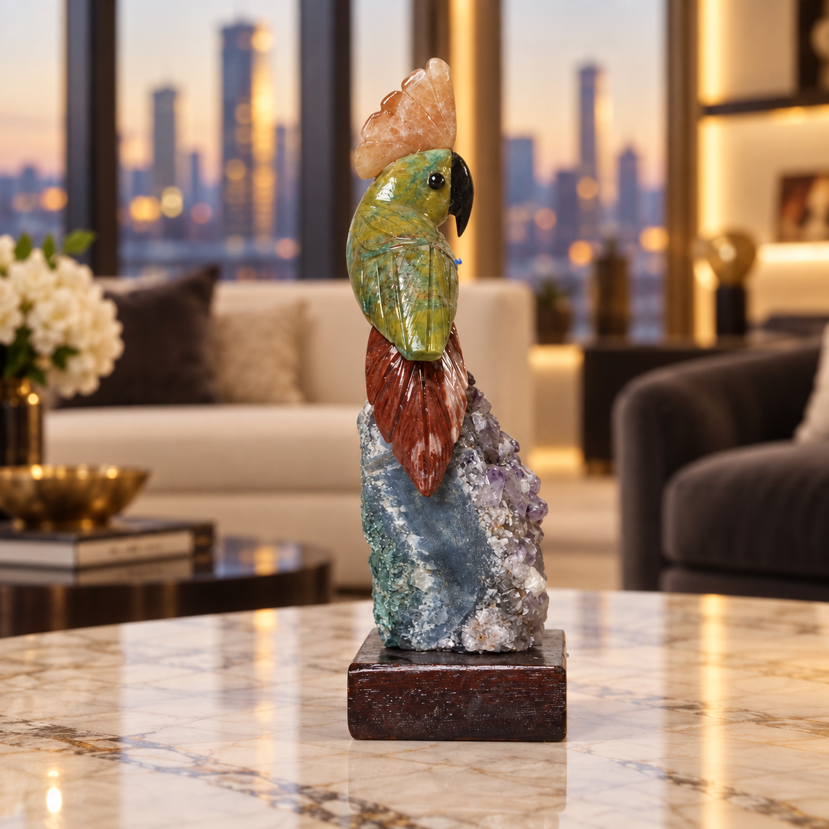 Natural Green Aventurine Crystal Bird Figurine on Amethyst Cluster Base for Protection & Positivity Harmony, 5x18 cm, 0.339 kg