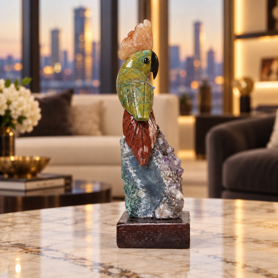 Natural Green Aventurine Crystal Bird Figurine on Amethyst Cluster Base for Protection & Positivity Harmony, 5x18 cm, 0.339 kg