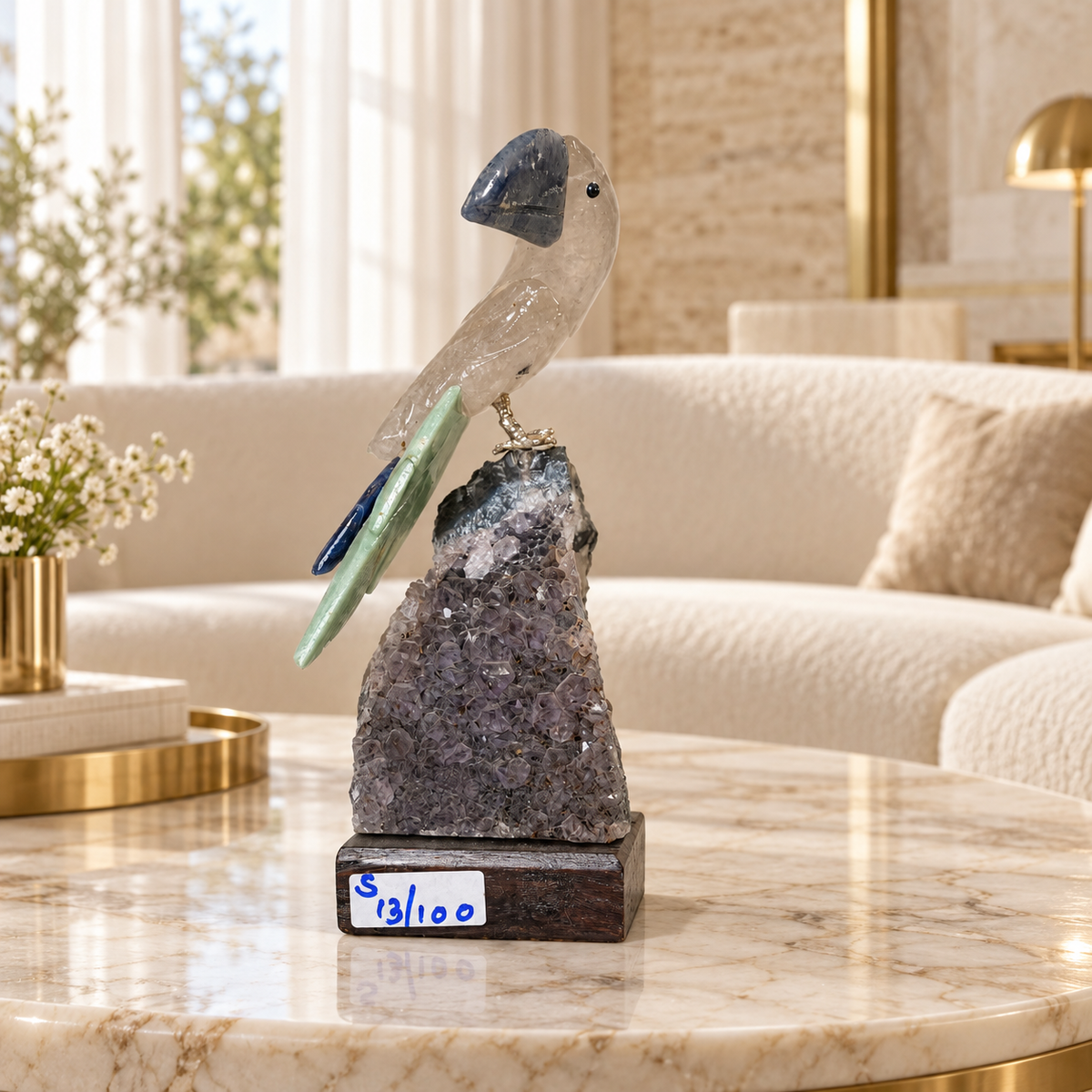 Natural Rose Quartz & Aventurine Crystal Bird Figurine on Amethyst Cluster Base for Protection & Positivity Harmony, 6x15 cm, 0.302 kg