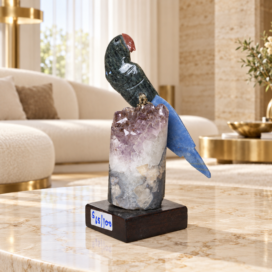 Natural Green Aventurine & Sodalite Crystal Bird Figurine on Amethyst Base for Protection & Positivity Harmony, 5x14 cm, 0.240 kg