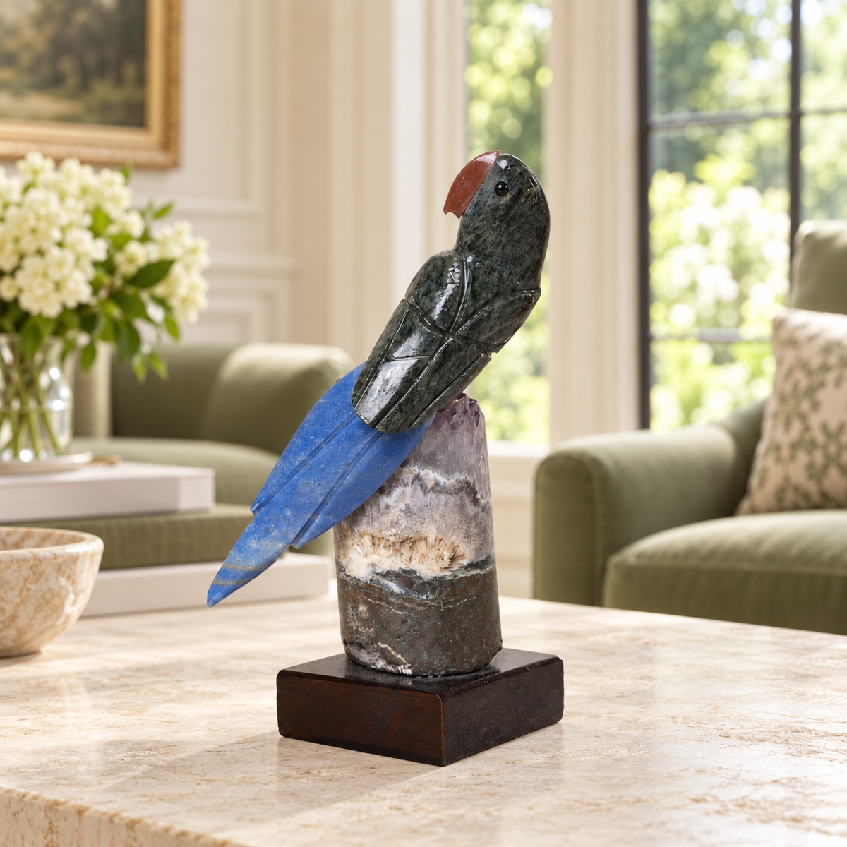 Natural Green Aventurine & Sodalite Crystal Bird Figurine on Amethyst Base for Protection & Positivity Harmony, 5x14 cm, 0.240 kg