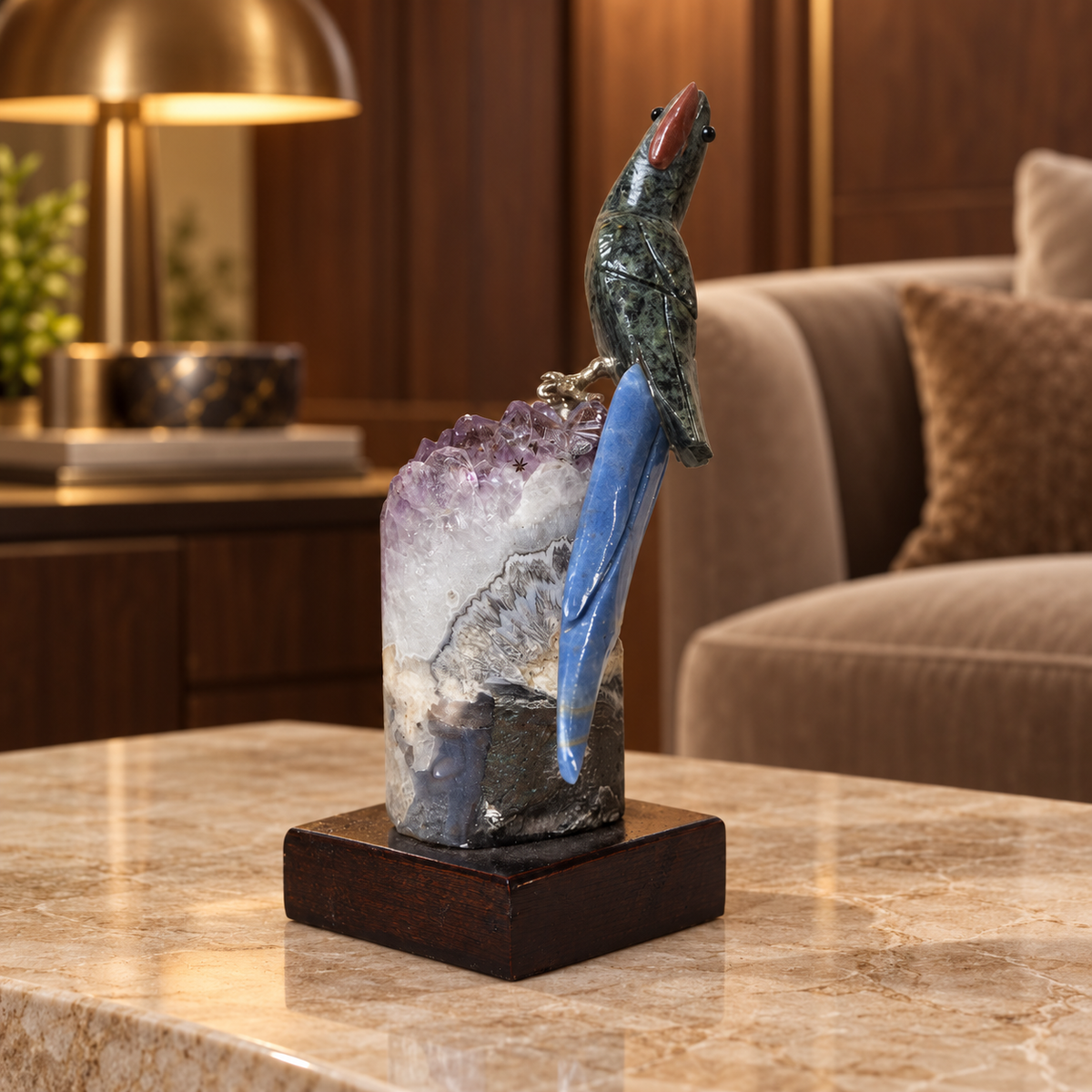 Natural Green Aventurine & Sodalite Crystal Bird Figurine on Amethyst Base for Protection & Positivity Harmony, 5x14 cm, 0.240 kg