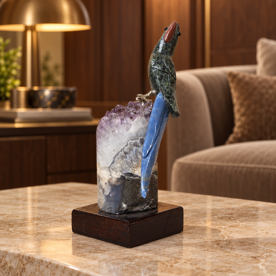 Natural Green Aventurine & Sodalite Crystal Bird Figurine on Amethyst Base for Protection & Positivity Harmony, 5x14 cm, 0.240 kg