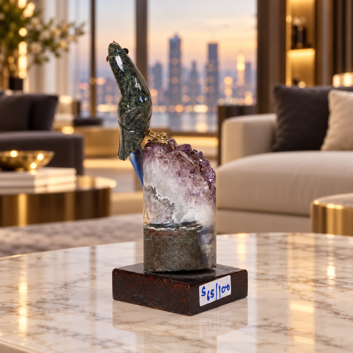 Natural Green Aventurine & Sodalite Crystal Bird Figurine on Amethyst Base for Protection & Positivity Harmony, 5x14 cm, 0.240 kg