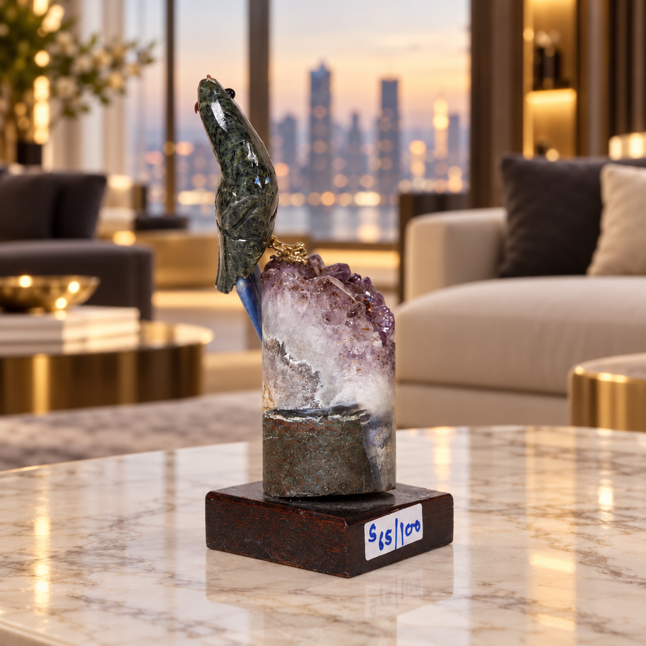 Natural Green Aventurine & Sodalite Crystal Bird Figurine on Amethyst Base for Protection & Positivity Harmony, 5x14 cm, 0.240 kg