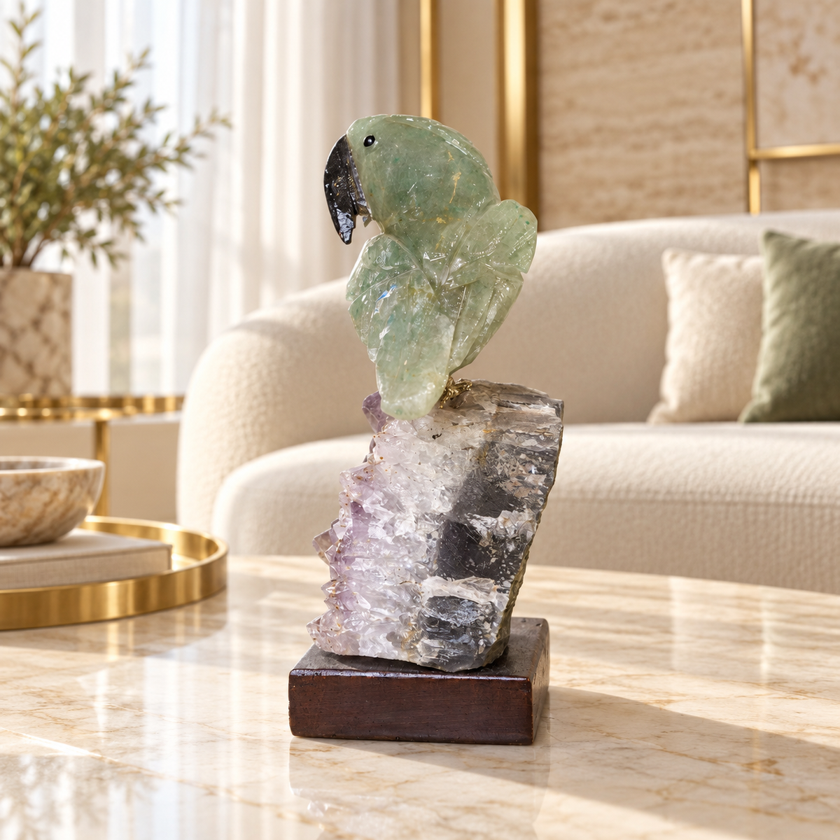 Natural Green Aventurine Crystal Bird Figurine on Quartz Cluster Base for Protection & Positivity Harmony, 5x13 cm, 0.288 kg