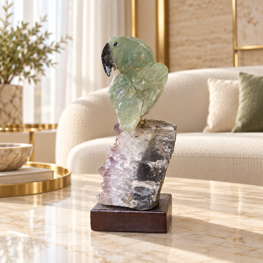 Natural Green Aventurine Crystal Bird Figurine on Quartz Cluster Base for Protection & Positivity Harmony, 5x13 cm, 0.288 kg