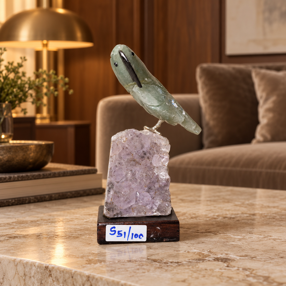 Natural Green Aventurine Crystal Bird Figurine on Quartz Cluster Base for Protection & Positivity Harmony, 5x13 cm, 0.288 kg