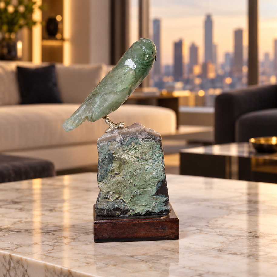 Natural Green Aventurine Crystal Bird Figurine on Quartz Cluster Base for Protection & Positivity Harmony, 5x13 cm, 0.288 kg