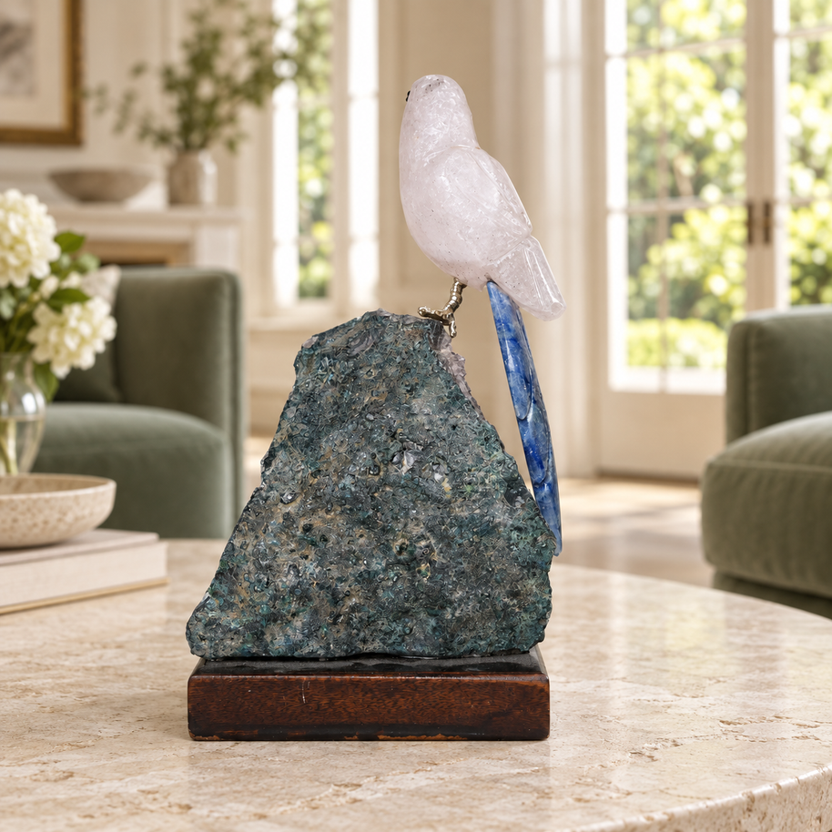 Natural Rose Quartz & Sodalite Crystal Bird Figurine on Amethyst Cluster Base for Protection & Positivity Harmony, 8x16 cm, 0.412 kg
