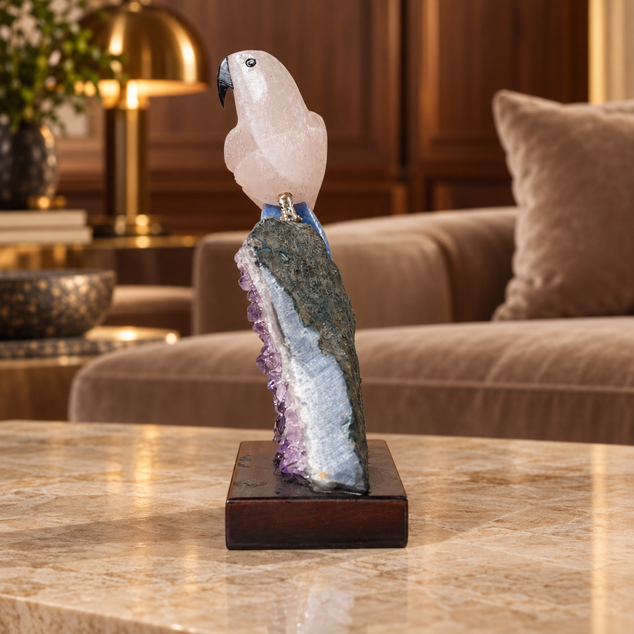 Natural Rose Quartz & Sodalite Crystal Bird Figurine on Amethyst Cluster Base for Protection & Positivity Harmony, 8x16 cm, 0.412 kg