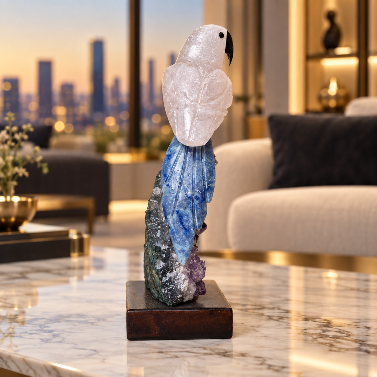 Natural Rose Quartz & Sodalite Crystal Bird Figurine on Amethyst Cluster Base for Protection & Positivity Harmony, 8x16 cm, 0.412 kg