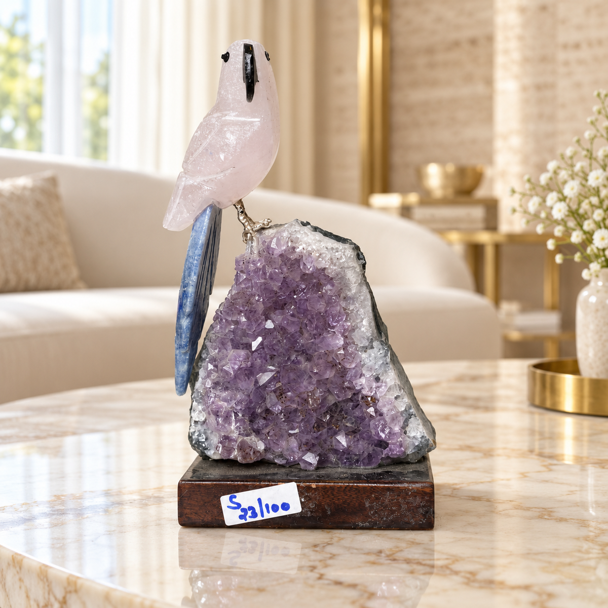 Natural Rose Quartz & Sodalite Crystal Bird Figurine on Amethyst Cluster Base for Protection & Positivity Harmony, 8x16 cm, 0.412 kg