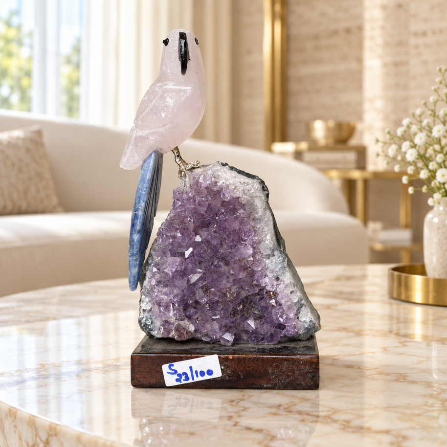Natural Rose Quartz & Sodalite Crystal Bird Figurine on Amethyst Cluster Base for Protection & Positivity Harmony, 8x16 cm, 0.412 kg