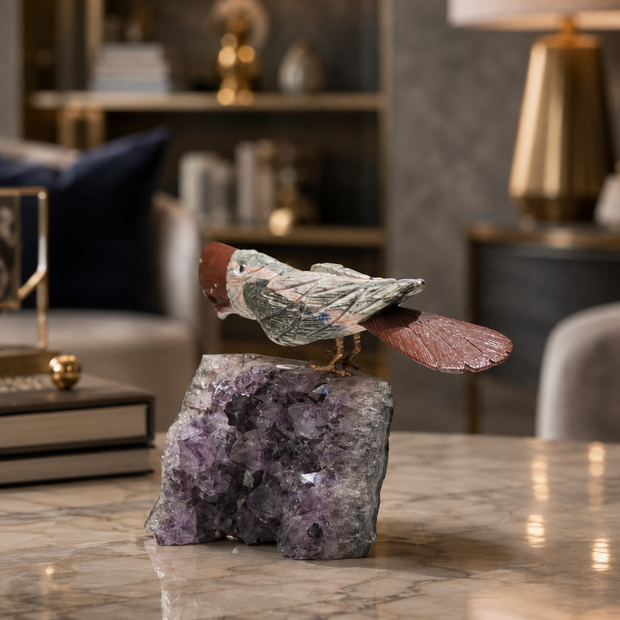 Natural Green Aventurine & Jasper Crystal Bird Figurine on Amethyst Cluster Base for Protection & Positivity Harmony, 11x14 cm, 0.978 kg