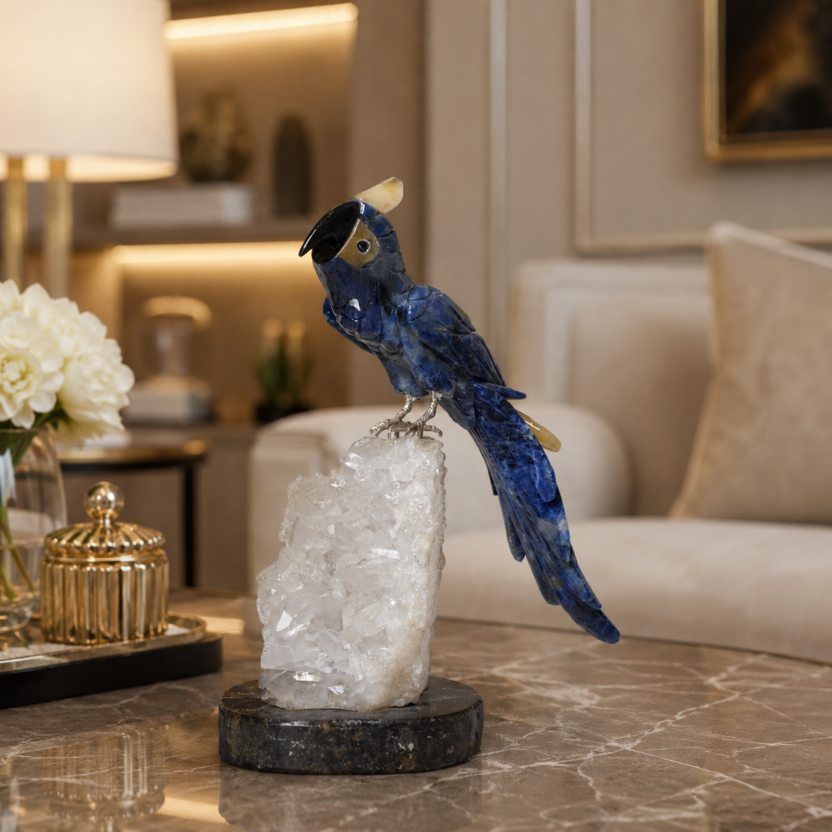 Natural Sodalite Crystal Bird Figurine on Quartz Crystal Base for Protection & Positivity Harmony, 10x24 cm, 1.35 kg