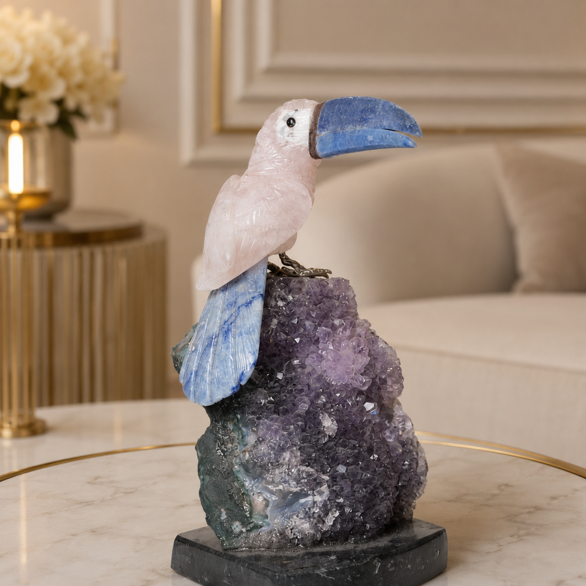 Natural Quartz & Sodalite Crystal Bird Figurine on Amethyst Cluster Base for Protection & Positivity Harmony, 9x20 cm, 1.264 kg