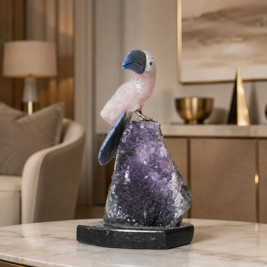 Natural Quartz & Sodalite Crystal Bird Figurine on Amethyst Cluster Base for Protection & Positivity Harmony, 9x20 cm, 1.264 kg