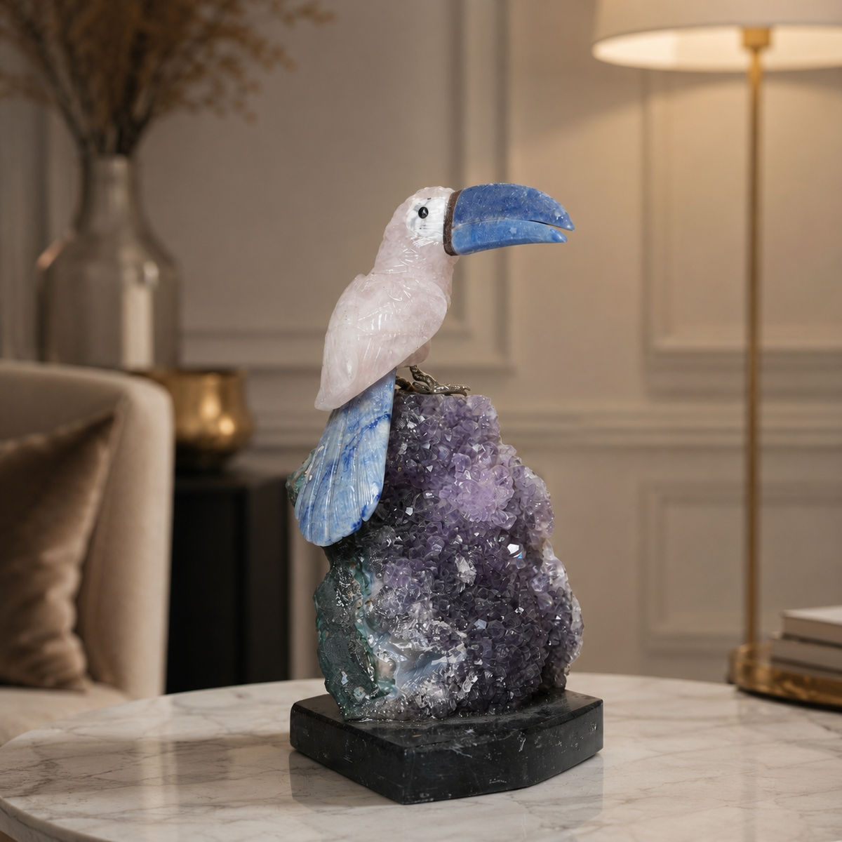 Natural Quartz & Sodalite Crystal Bird Figurine on Amethyst Cluster Base for Protection & Positivity Harmony, 9x20 cm, 1.264 kg