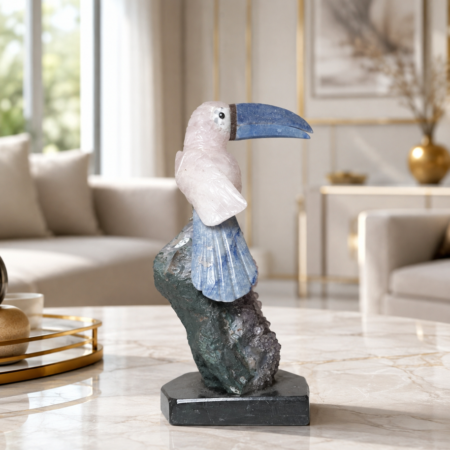 Natural Quartz & Sodalite Crystal Bird Figurine on Amethyst Cluster Base for Protection & Positivity Harmony, 9x20 cm, 1.264 kg