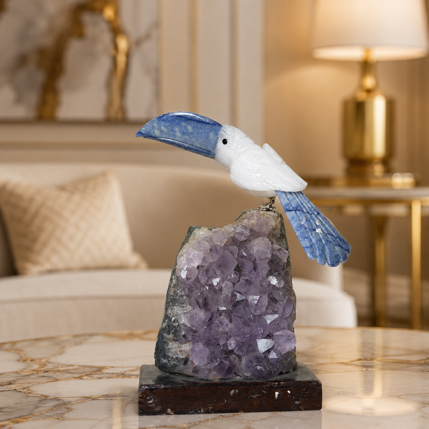 Natural Quartz & Sodalite Crystal Bird Figurine on Amethyst Cluster Base for Protection & Positivity Harmony, 12x21 cm, 1.051 kg