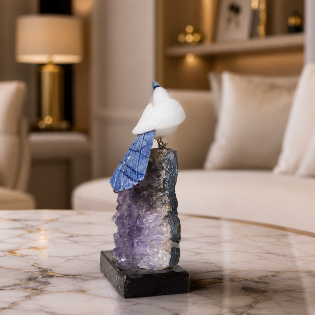 Natural Quartz & Sodalite Crystal Bird Figurine on Amethyst Cluster Base for Protection & Positivity Harmony, 12x21 cm, 1.051 kg