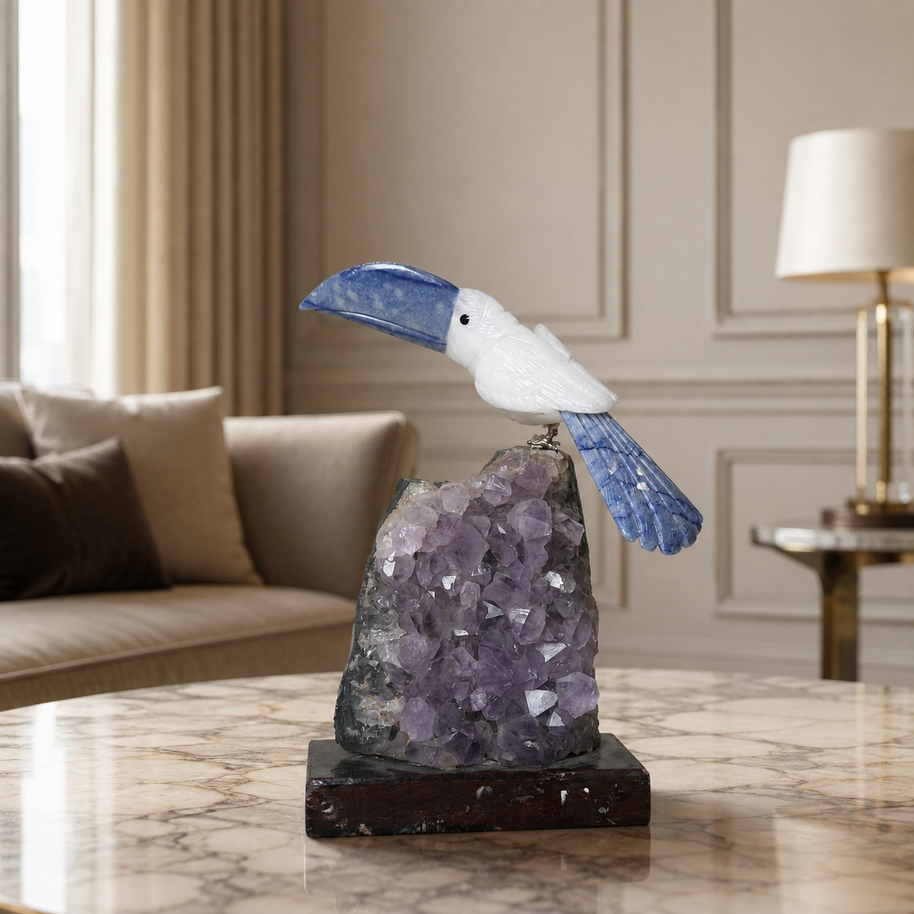 Natural Quartz & Sodalite Crystal Bird Figurine on Amethyst Cluster Base for Protection & Positivity Harmony, 12x21 cm, 1.051 kg
