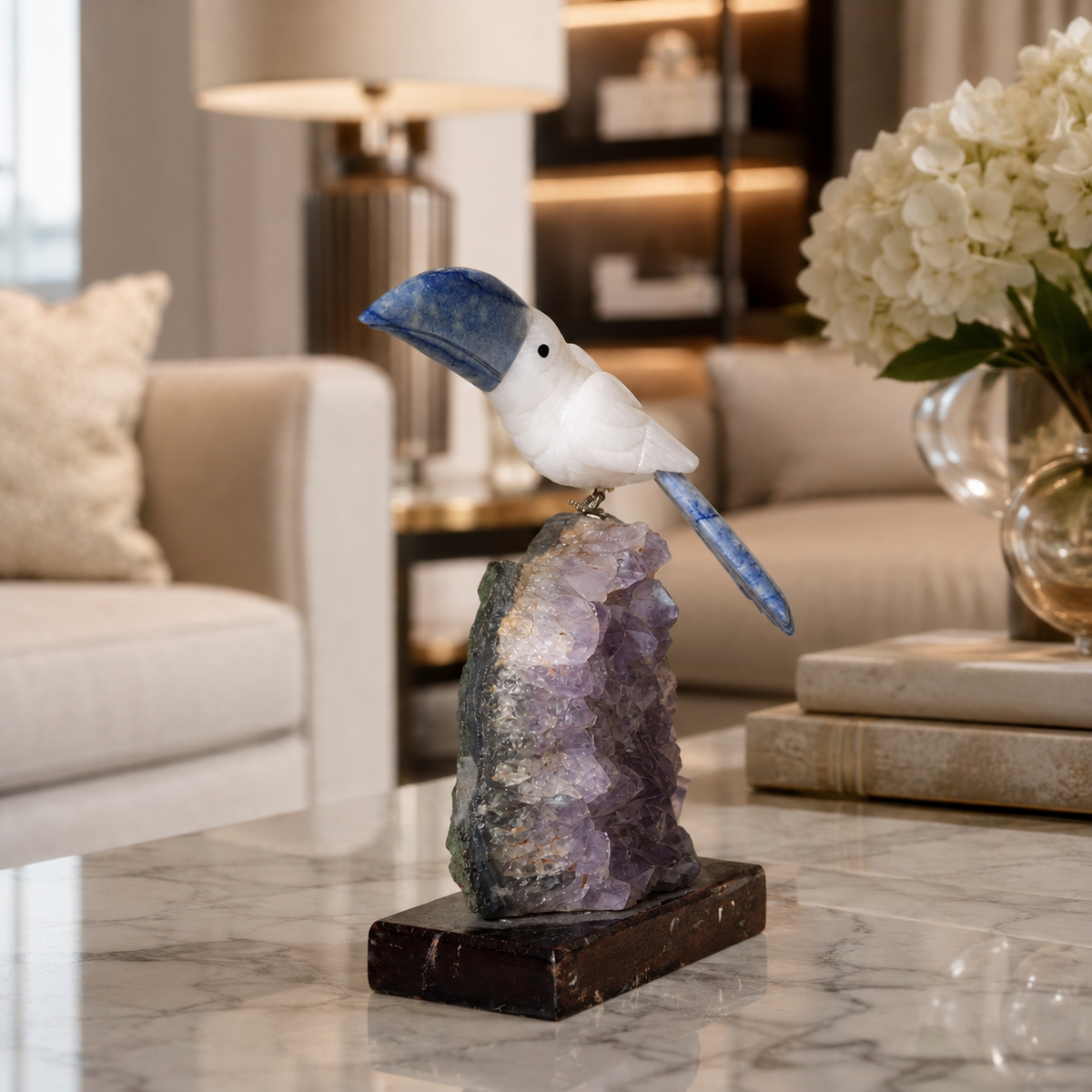 Natural Quartz & Sodalite Crystal Bird Figurine on Amethyst Cluster Base for Protection & Positivity Harmony, 12x21 cm, 1.051 kg