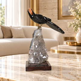 Natural Jasper & Calcite Crystal Bird Figurine on Quartz Cluster Base for Protection & Positivity Harmony, 5x16 cm, 0.380 kg