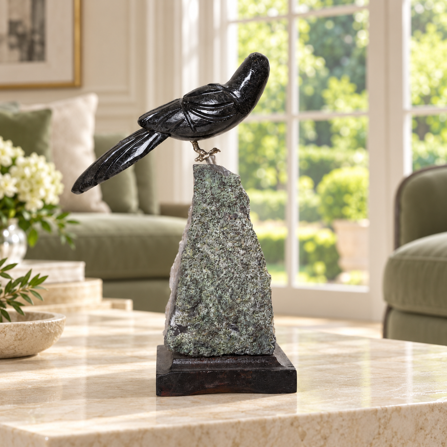 Natural Jasper & Calcite Crystal Bird Figurine on Quartz Cluster Base for Protection & Positivity Harmony, 5x16 cm, 0.380 kg