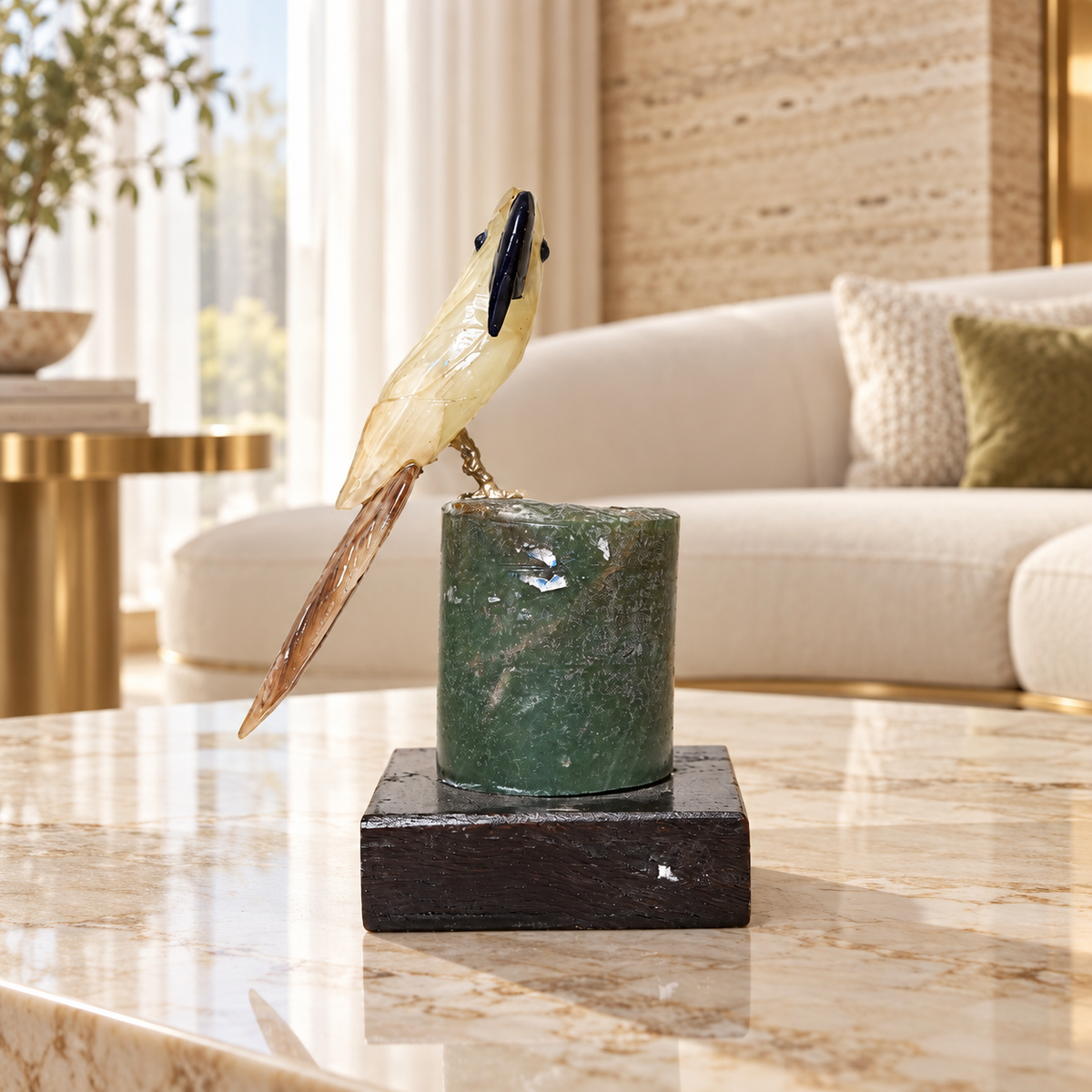 Natural Yellow Calcite Crystal Bird Figurine on Green Aventurine Base for Protection & Positivity Harmony, 6x12 cm, 0.278 kg