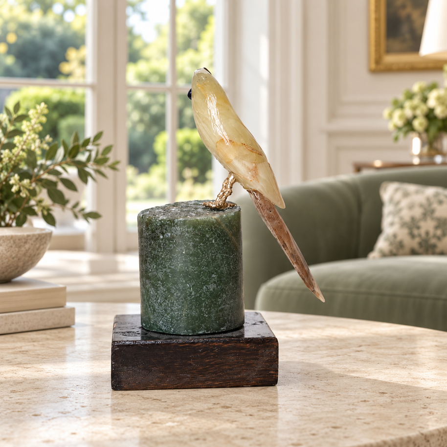 Natural Yellow Calcite Crystal Bird Figurine on Green Aventurine Base for Protection & Positivity Harmony, 6x12 cm, 0.278 kg