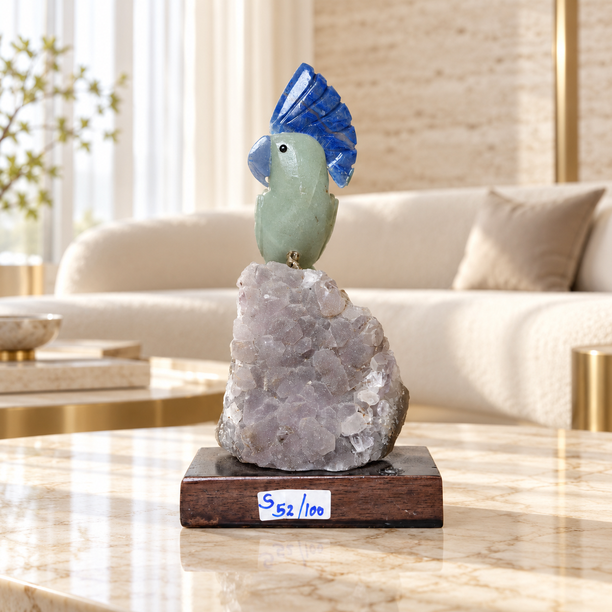 Natural Green Aventurine & Sodalite Crystal Bird Figurine on Quartz Cluster Base for Protection & Positivity Harmony, 9x18 cm, 0.409 kg