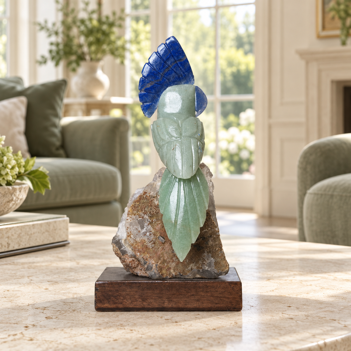 Natural Green Aventurine & Sodalite Crystal Bird Figurine on Quartz Cluster Base for Protection & Positivity Harmony, 9x18 cm, 0.409 kg