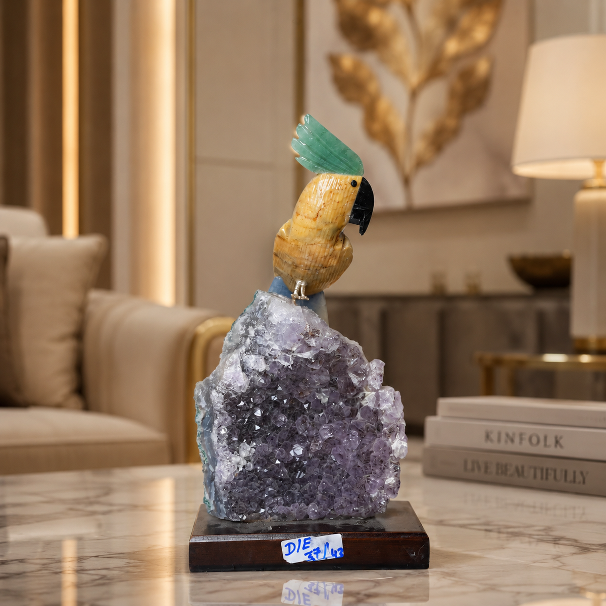Natural Yellow Calcite & Aventurine Crystal Bird Figurine on Amethyst Cluster Base for Protection & Positivity Harmony, 10x20 cm, 0.635 kg