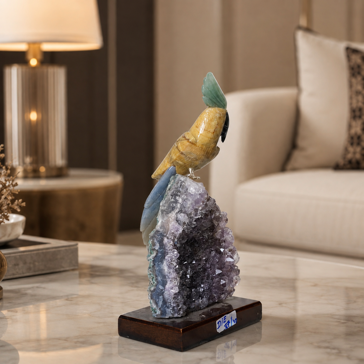 Natural Yellow Calcite & Aventurine Crystal Bird Figurine on Amethyst Cluster Base for Protection & Positivity Harmony, 10x20 cm, 0.635 kg