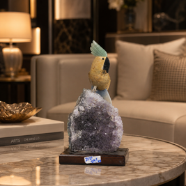 Natural Yellow Calcite & Aventurine Crystal Bird Figurine on Amethyst Cluster Base for Protection & Positivity Harmony, 10x20 cm, 0.635 kg