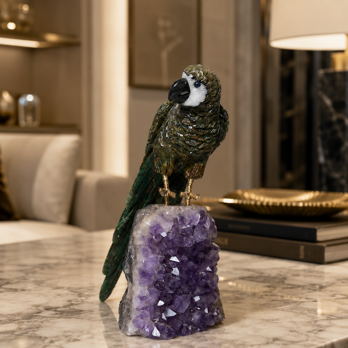 Natural Jasper Crystal Bird Figurine on Amethyst Cluster Base for Protection & Positivity Harmony, 8x20 cm, 1.013 kg