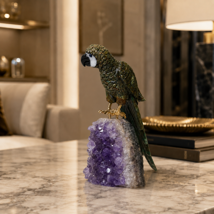 Natural Jasper Crystal Bird Figurine on Amethyst Cluster Base for Protection & Positivity Harmony, 8x20 cm, 1.013 kg