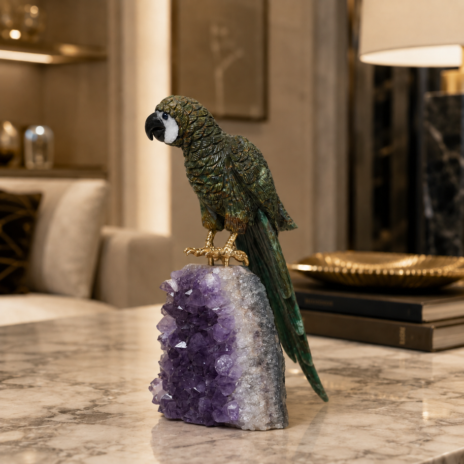Natural Jasper Crystal Bird Figurine on Amethyst Cluster Base for Protection & Positivity Harmony, 8x20 cm, 1.013 kg