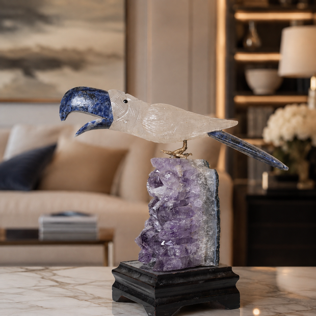 Natural Quartz & Sodalite Crystal Bird Figurine on Amethyst Cluster Base for Protection & Positivity Harmony, 9x18 cm, 0.989 kg