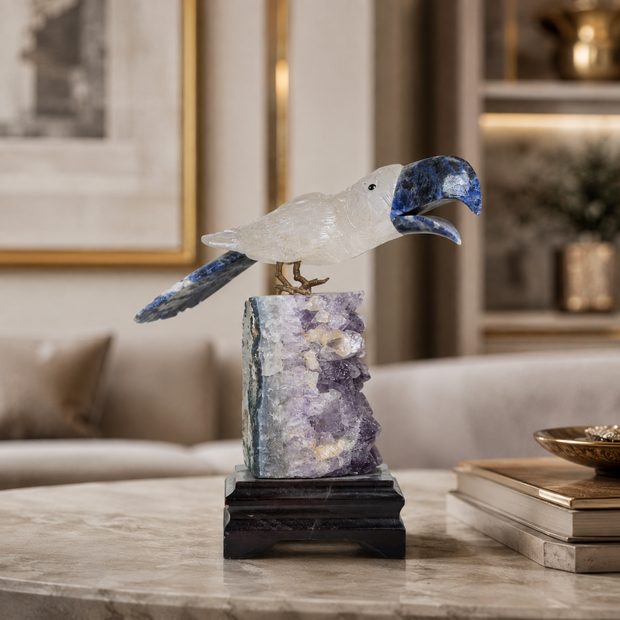 Natural Quartz & Sodalite Crystal Bird Figurine on Amethyst Cluster Base for Protection & Positivity Harmony, 9x18 cm, 0.989 kg